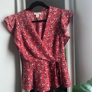 Red Wrap Tie Blouse